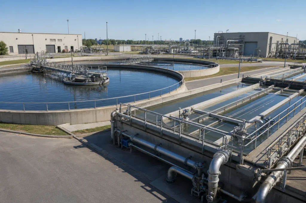 industrial wastewater treatment facility with clarifiers and separators