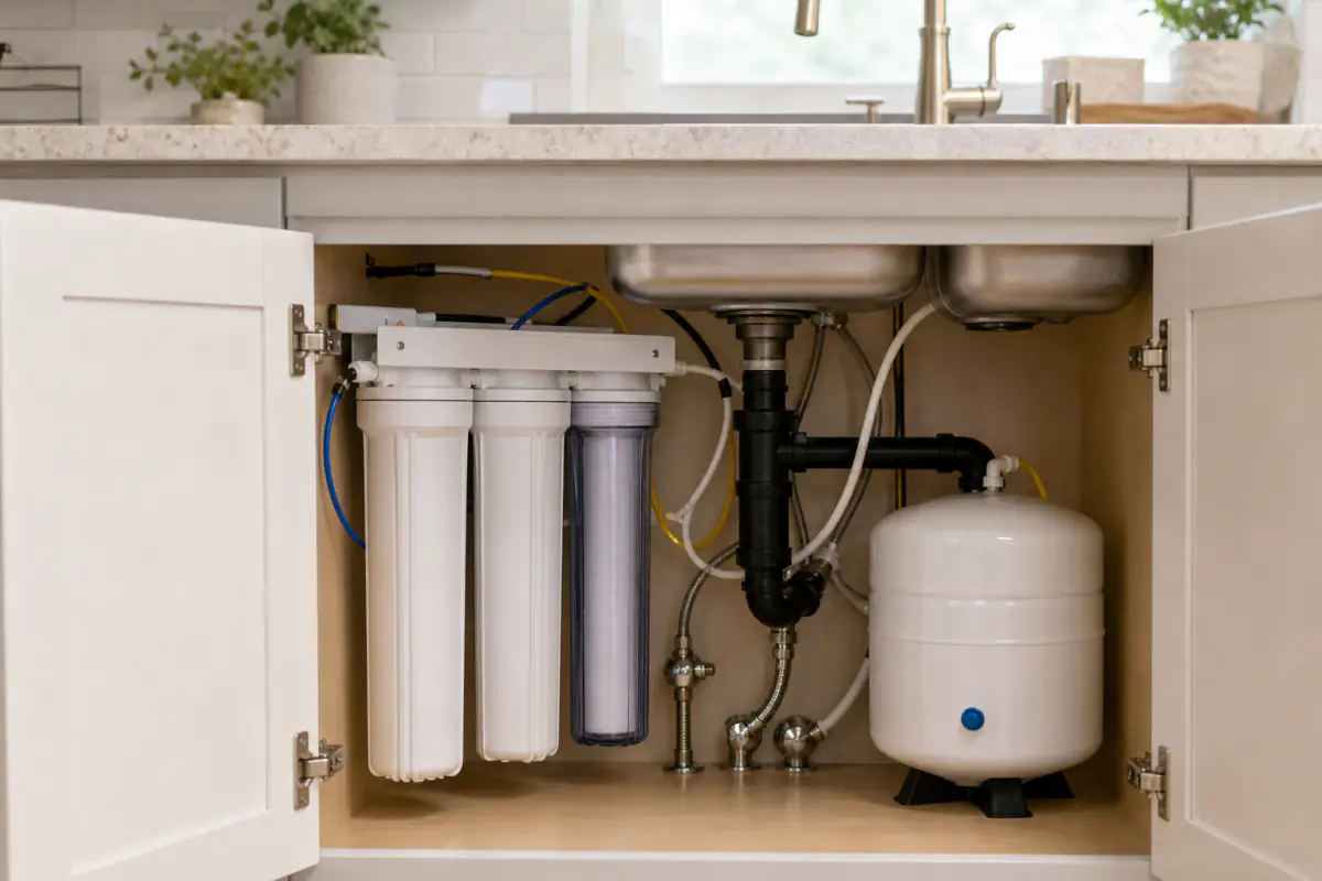 residential water filtration system installed under kitchen sink