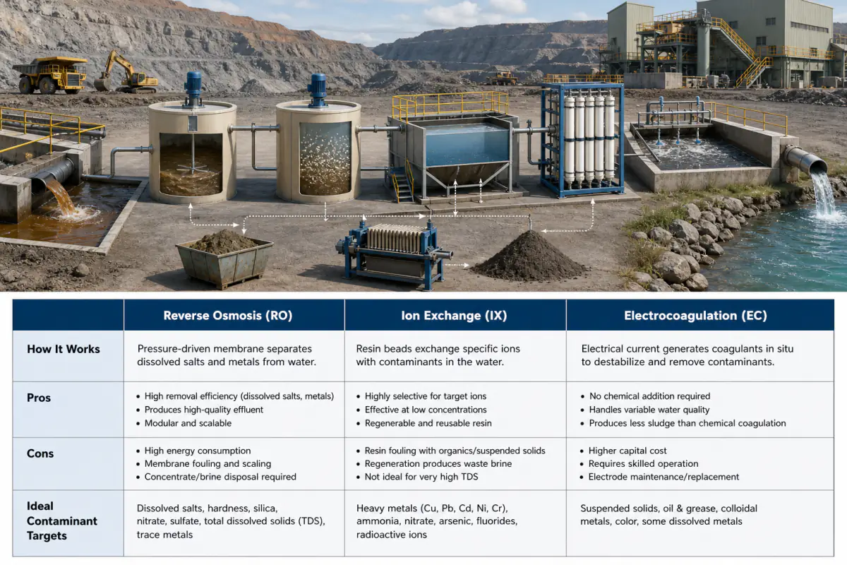 Comparison table of advanced mining wastewater treatment technologies and their applications