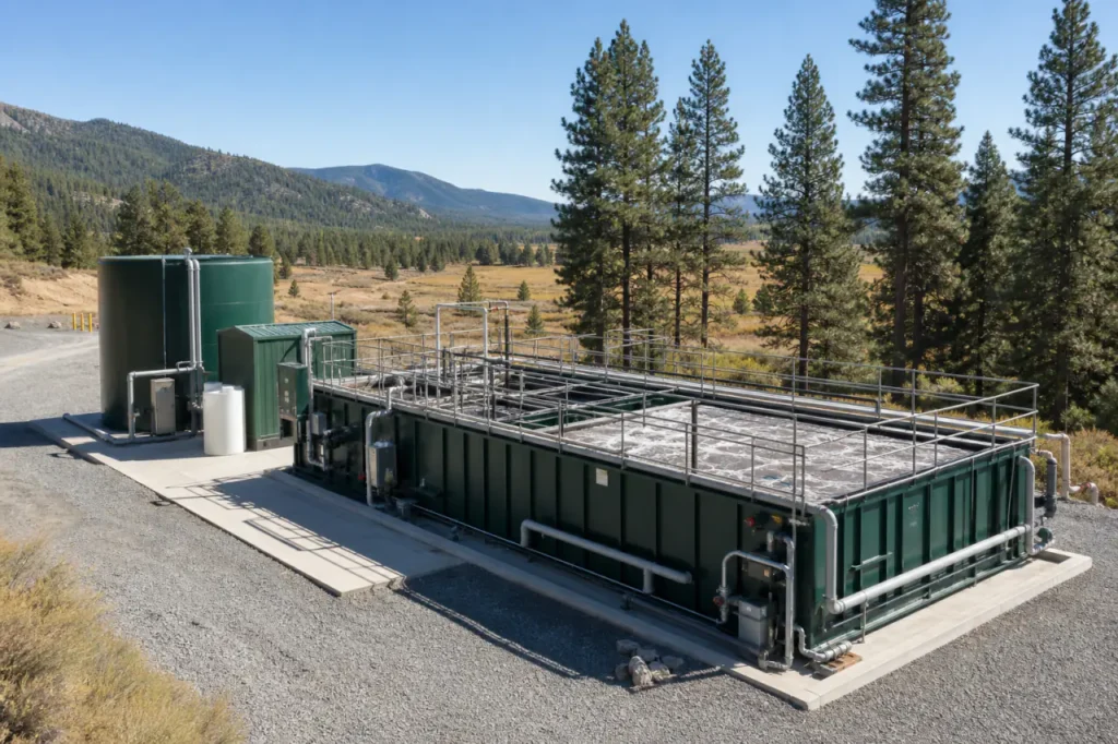 Modular packaged wastewater treatment plant installed at a remote commercial site