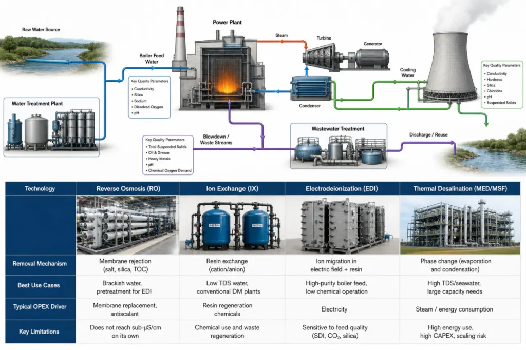 Diagram of power plant water treatment applications and system flows