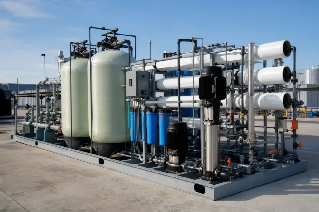Industrial skid mounted water treatment system installed outdoors with piping connections