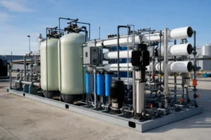 Industrial skid mounted water treatment system installed outdoors with piping connections
