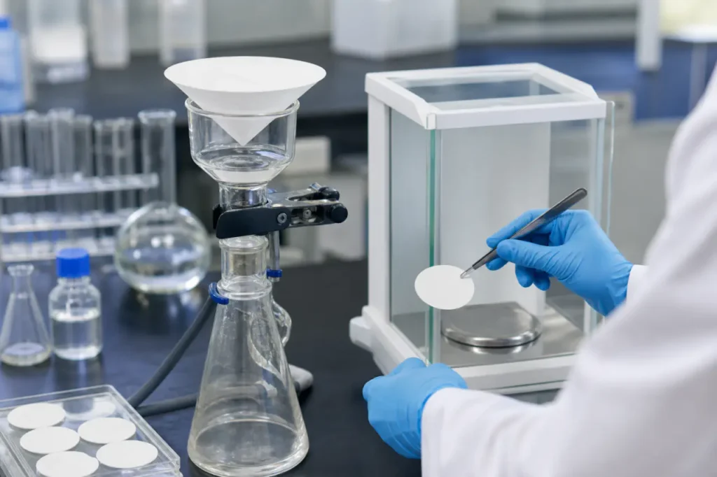 Close-up of laboratory filtration setup with glass fiber filter for measuring total suspended solids in water