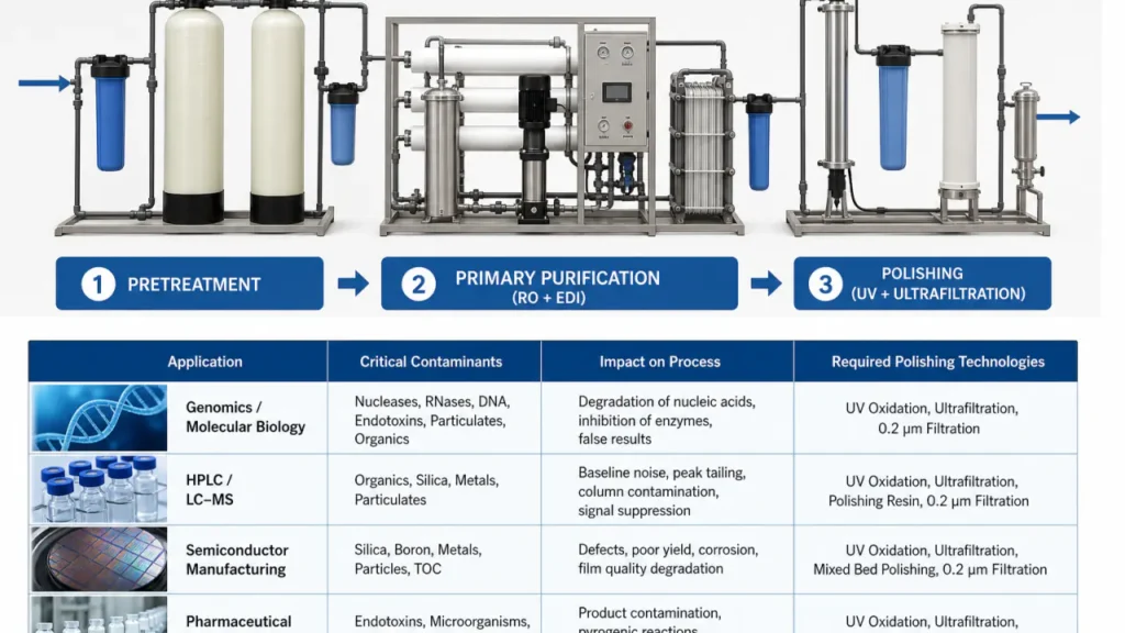 Diagram of three-stage ultrapure water treatment system architecture