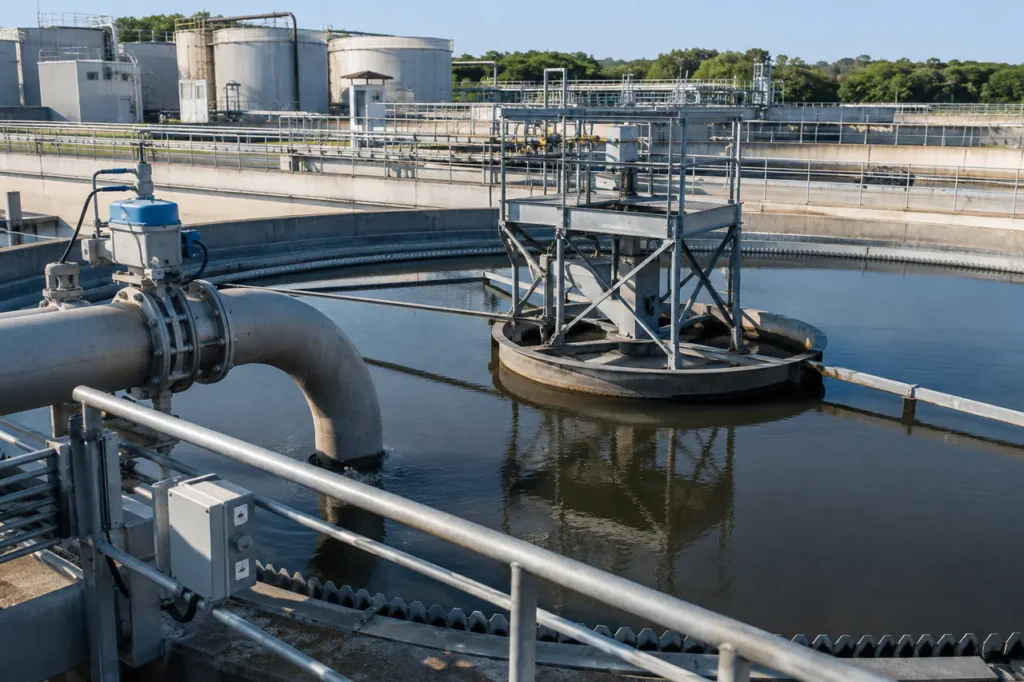 clarifier for industrial wastewater treatment equipment with tanks piping and inspection details
