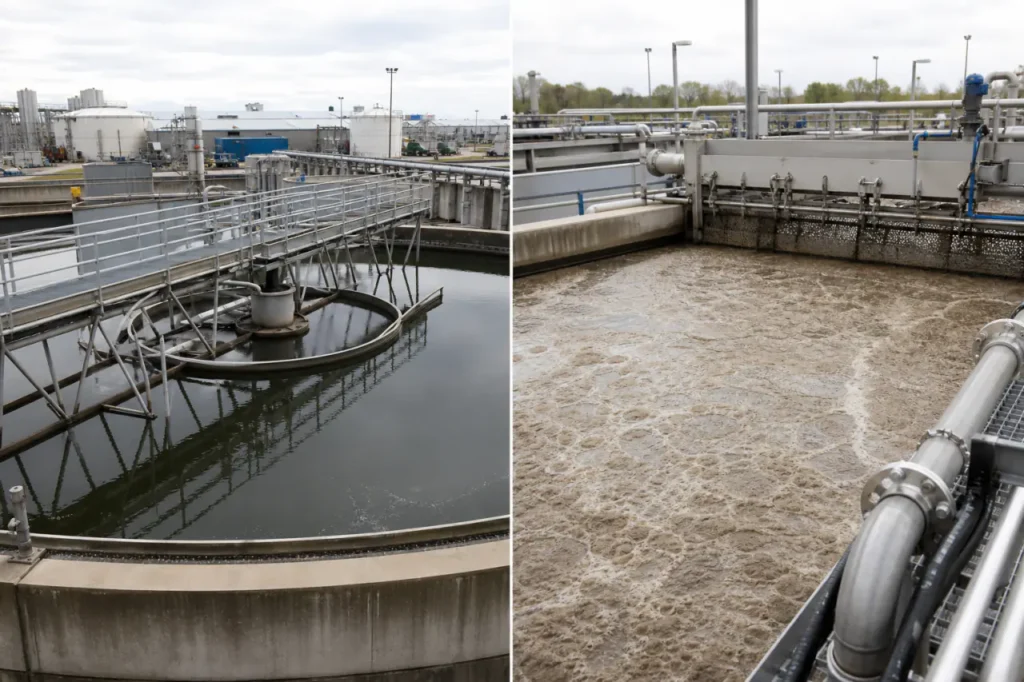 DAF vs clarifier visual for operating principles: density-based separation (sink vs. float)