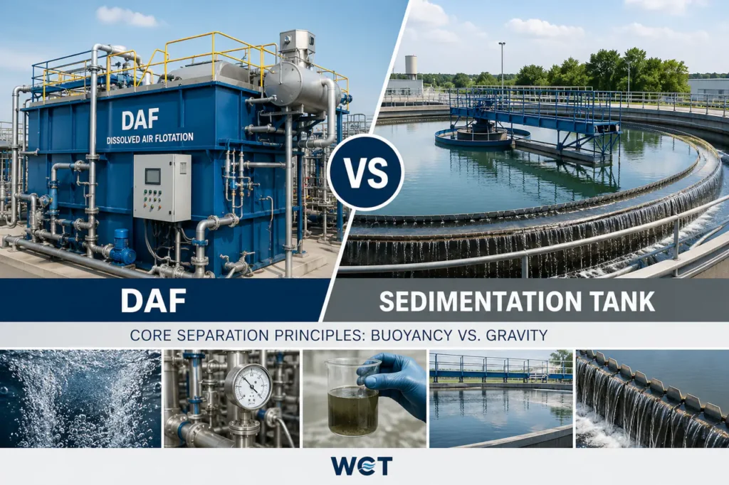 DAF vs sedimentation tank treatment equipment with tanks piping and inspection details