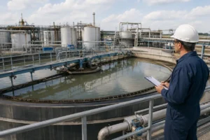 industrial clarifier system treatment equipment with tanks piping and inspection details