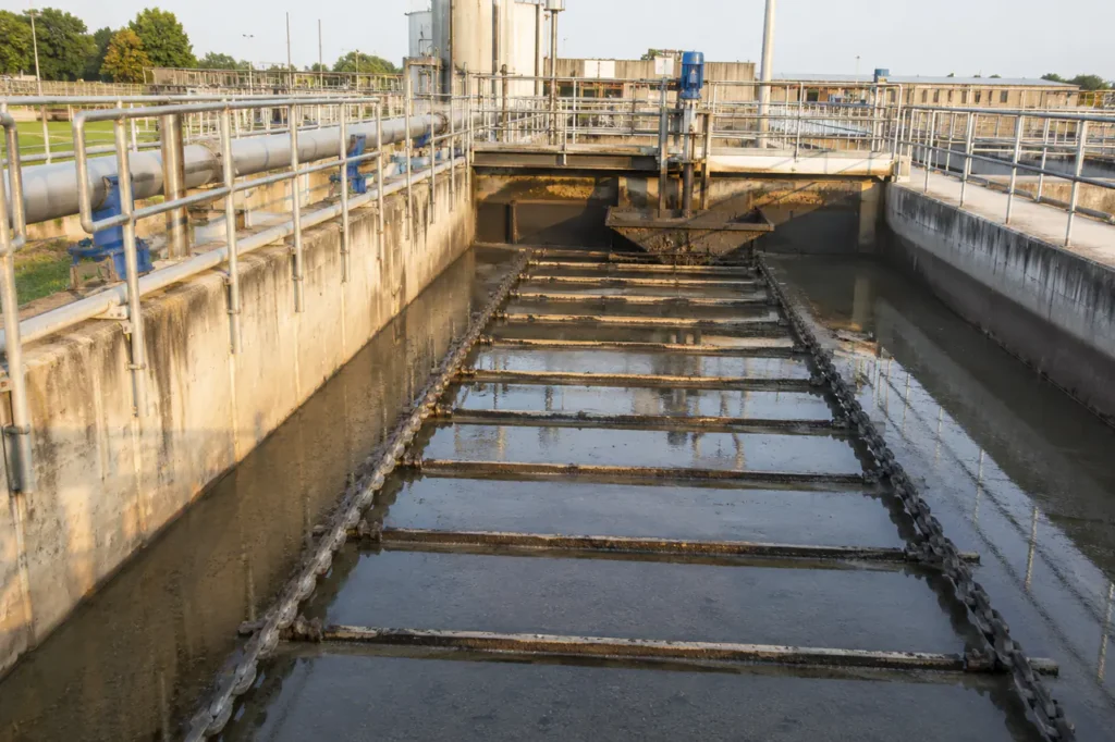sludge scraper clarifier treatment equipment with tanks piping and inspection details